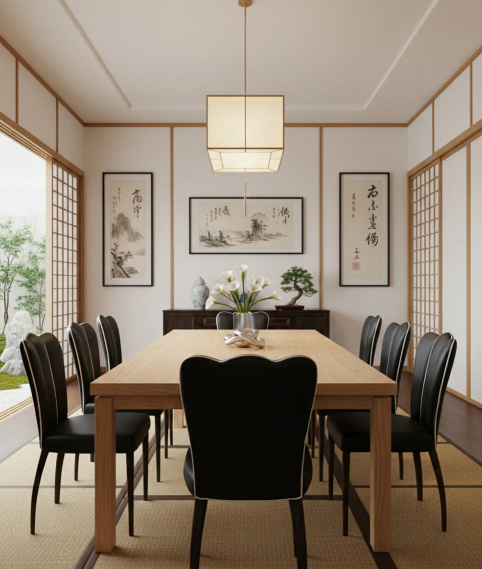 Sechs antike Stühle und zwei Sessel in einer eleganten Umgebung, umgeben von Natur.