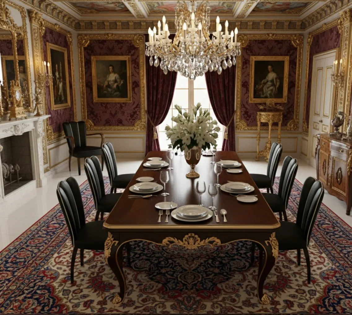 화려한 식당에 있는 우아한 디자인의 고풍스러운 의자와 안락의자.