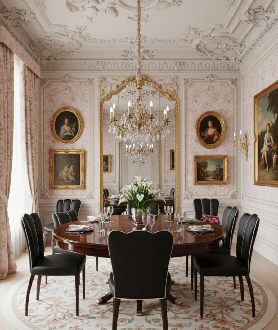 Conjunto de 6 cadeiras e 2 poltronas antigas em uma sala de jantar elegante.