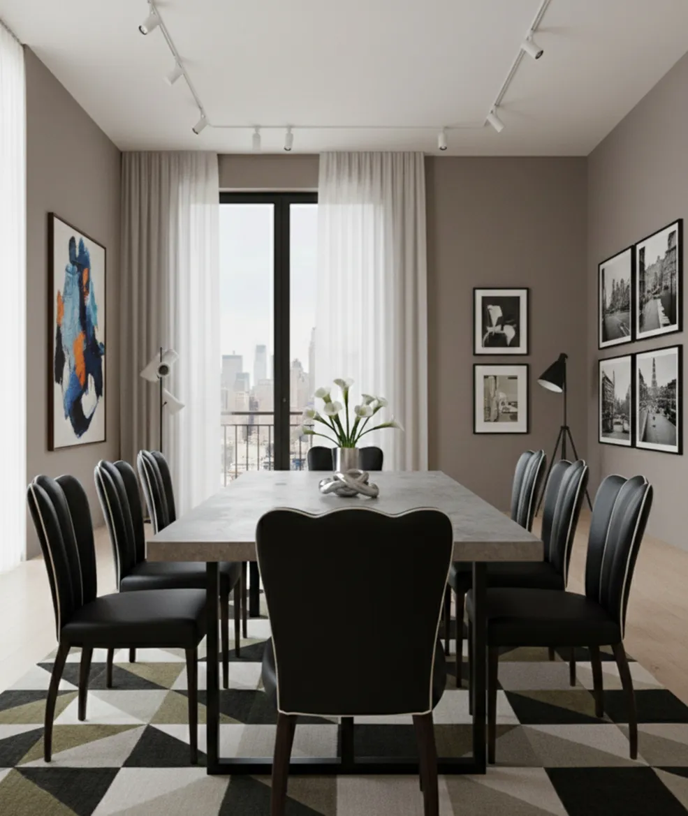 6 sillas negras y 2 sillones en un comedor moderno