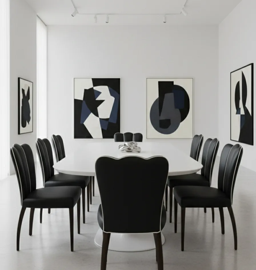 seis cadeiras e duas poltronas antigas em um ambiente moderno