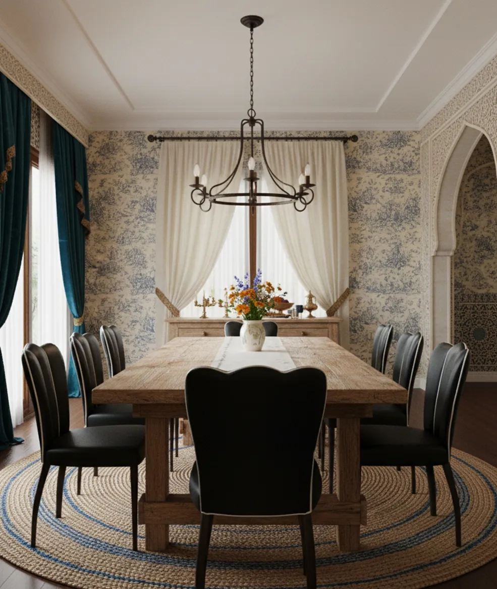 Anciennes 6 chaises et 2 fauteuils dans une salle à manger élégante avec rideaux et décor floral.