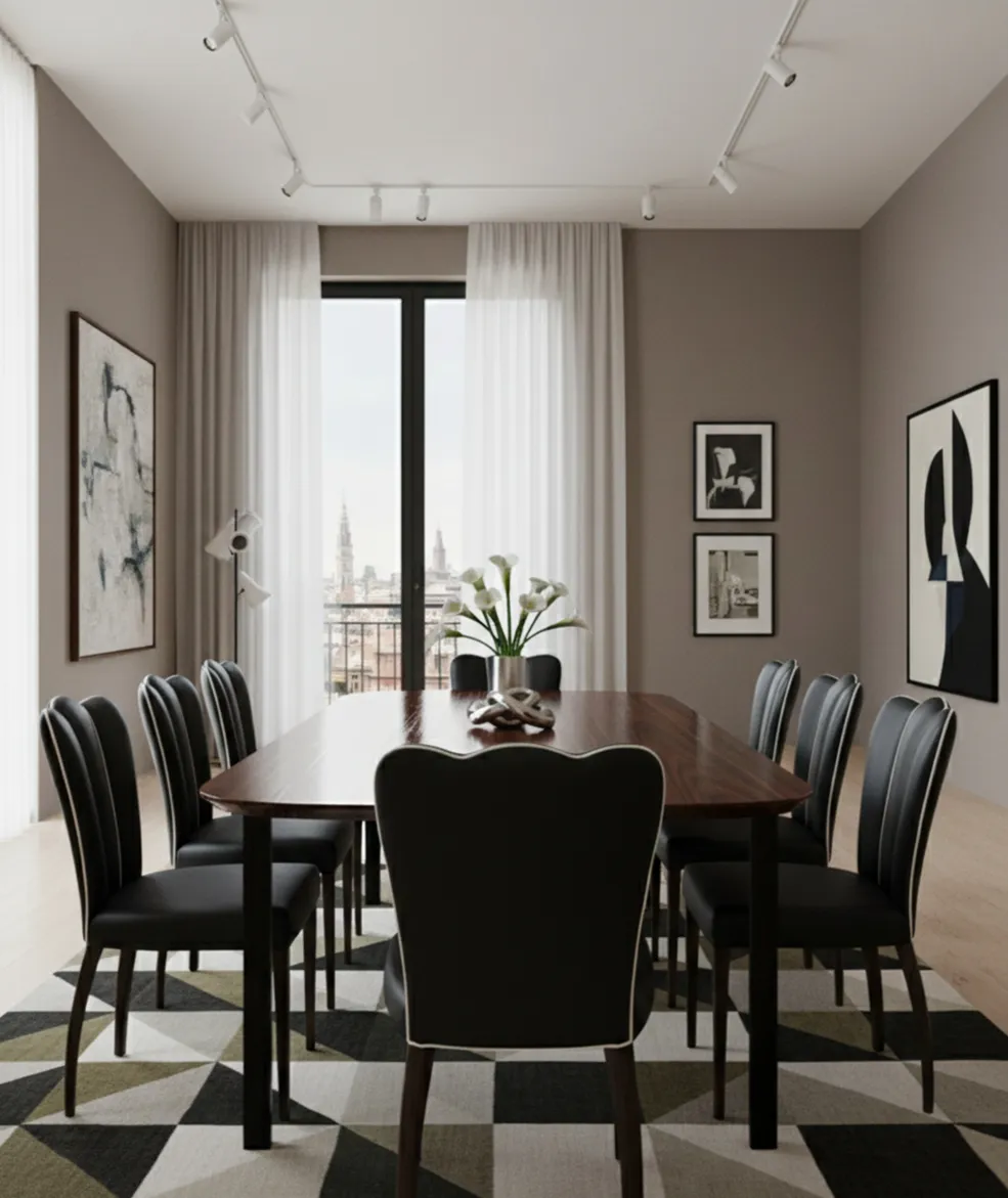 Set aus 6 antiken Stühlen und 2 Sesseln in einem modernen Esszimmer