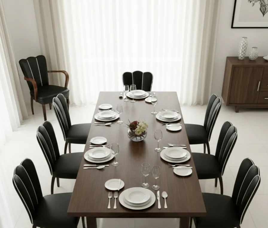 Set of 6 antique chairs and 2 armchairs in an elegant dining room, decorated with white tableware.