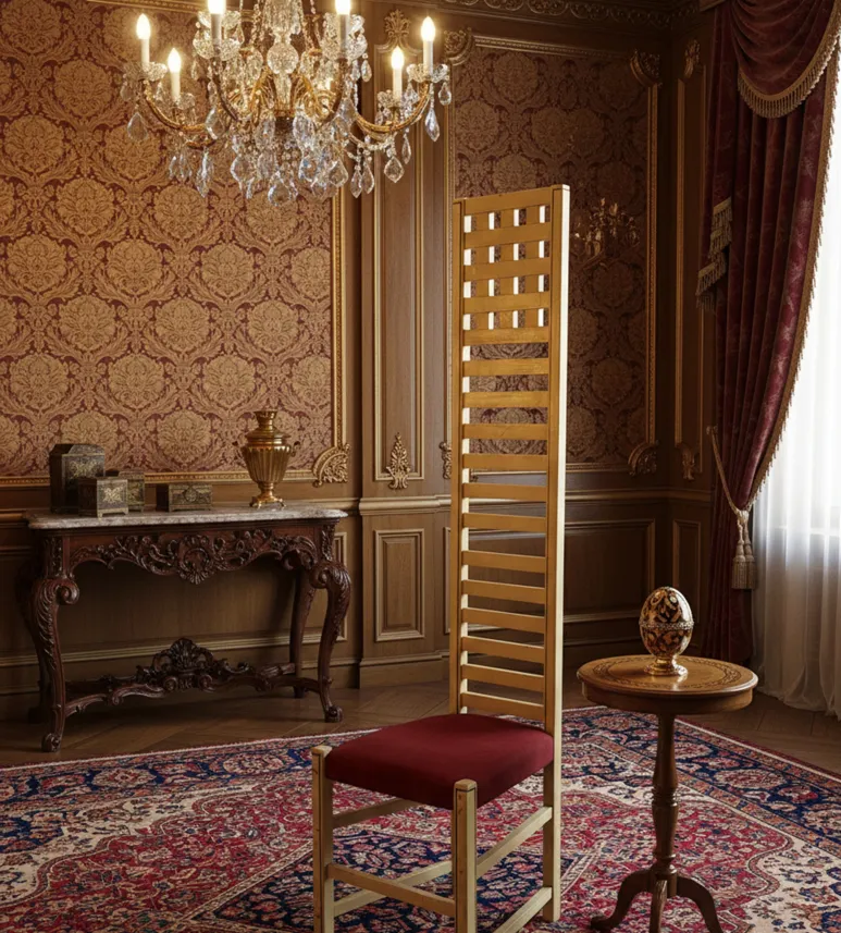 Cadeira antiga decorativa em uma sala elegante com lustre