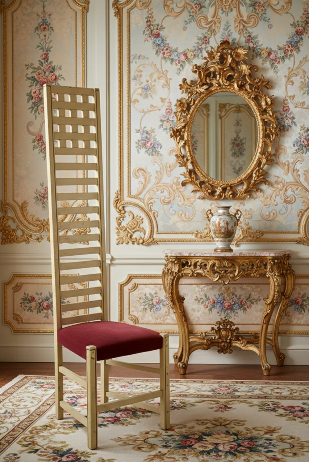 Antique chair by Joseph Hoffman in a decorated room.