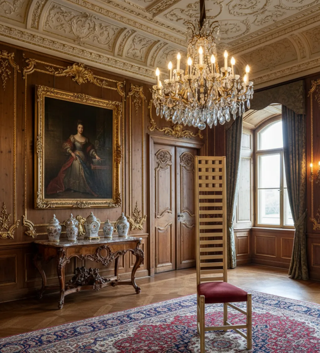 cadeira antiga de joseph hoffman em uma sala elegante com arte