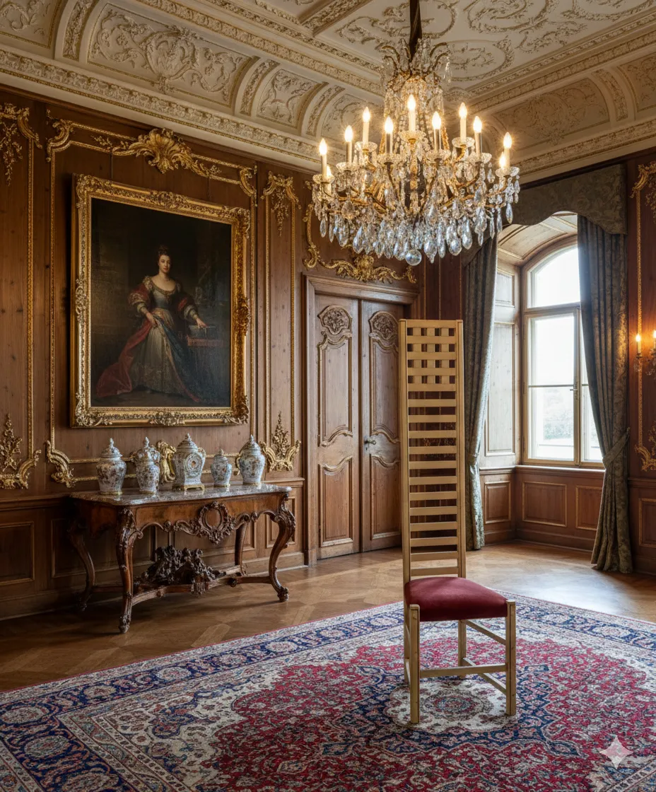 cadeira antiga com altura de costas em ambiente elegante com lustre e pintura