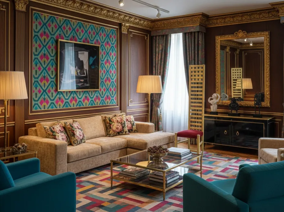 Sedia antica in un elegante soggiorno contemporaneo con decorazione vivace.