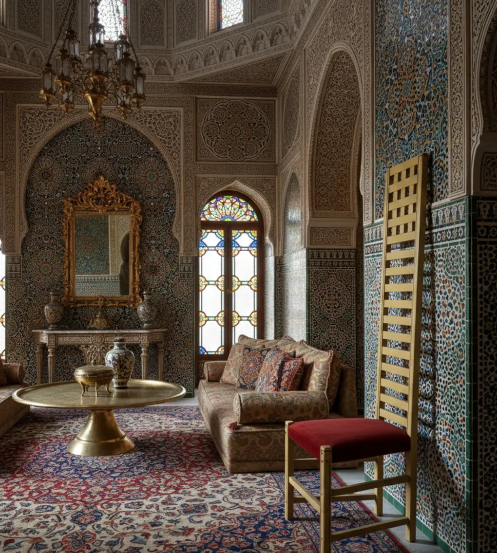 Cadeira antiga com almofada vermelha em um ambiente oriental luxuoso.