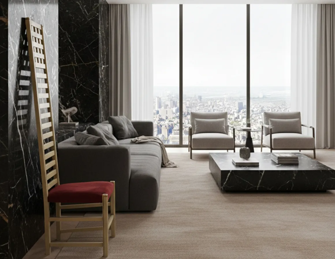 Antiker Stuhl mit rotem Sitz in einem modernen Wohnzimmer mit Aussicht.