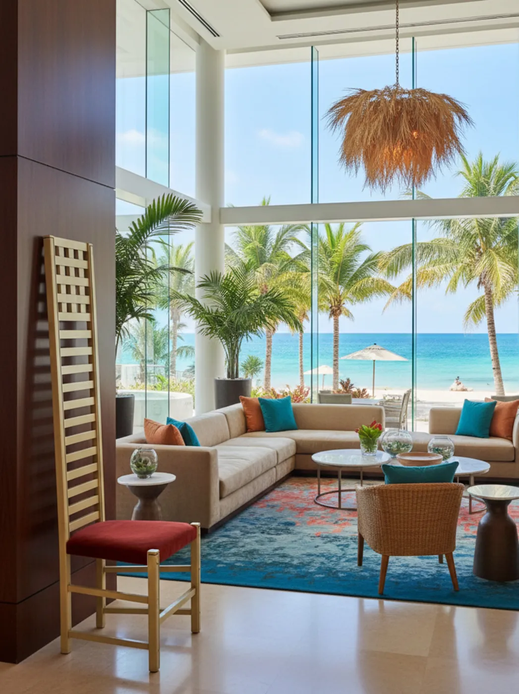 Antique chair with red seat in a bright, modern beachside environment.