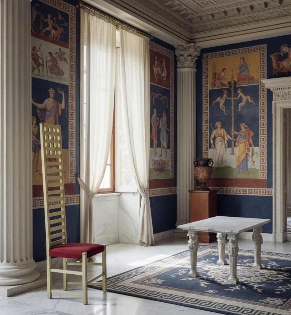 Sedia antica con schienale alto e rivestimento rosso in una stanza con affreschi