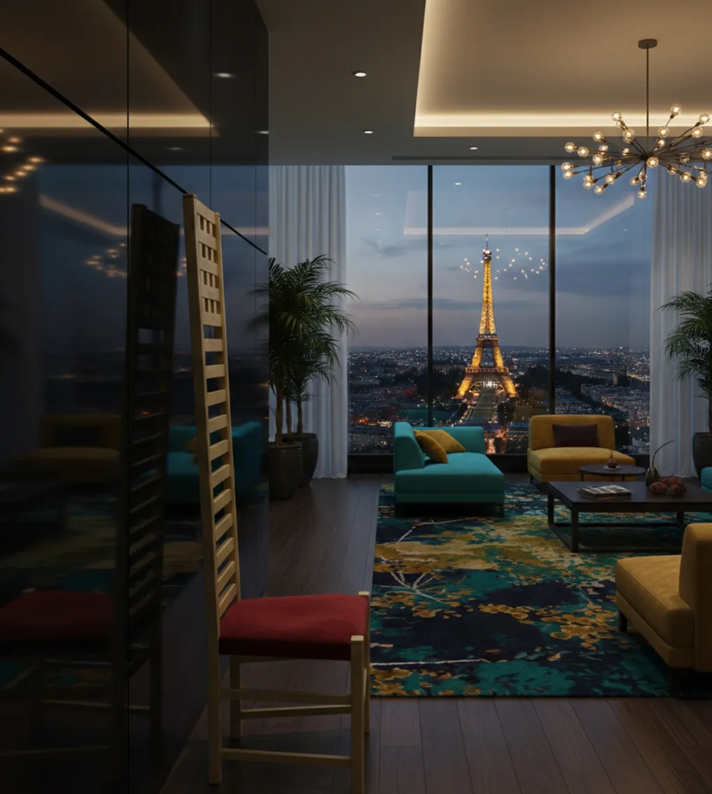 Sedia antica con schienale in un soggiorno moderno con vista Torre Eiffel.