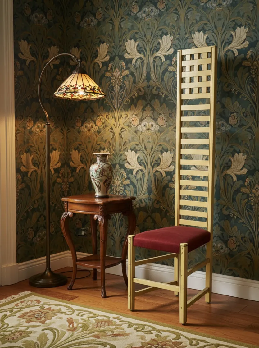 Chaise ancienne avec dossier vertical et assise bordeaux, entourée d'une lampe et d'une table décorative.