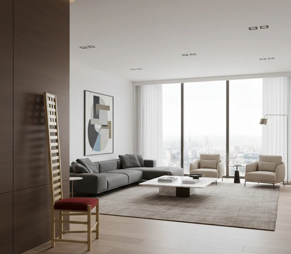 Antique chair by joseph hoffman in a modern living room with a view