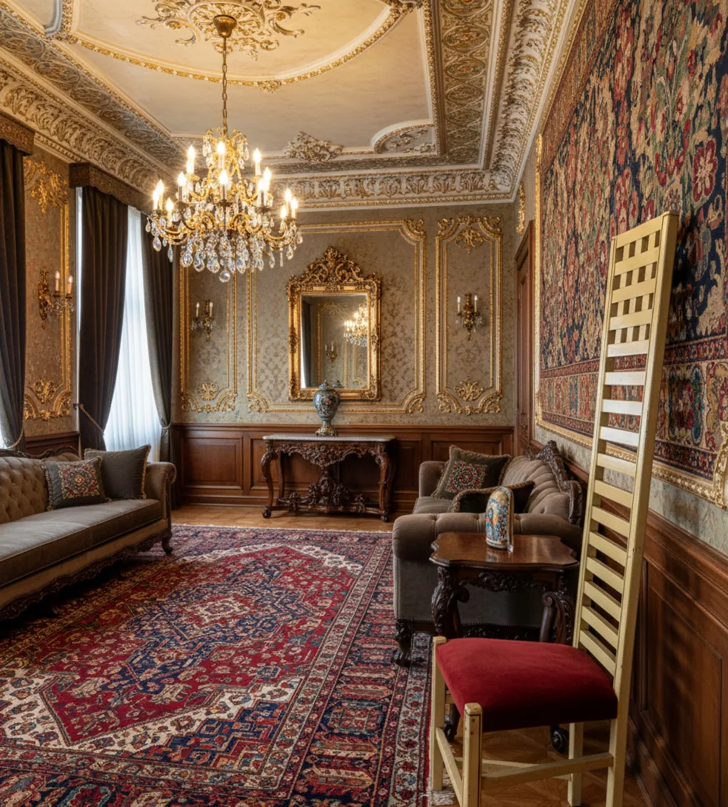 Cadeira antiga em uma sala elegante com lustre e espelho.