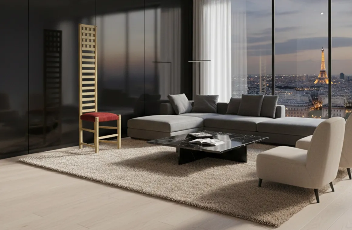 antique chair with straight back and red upholstery in a modern setting with city view