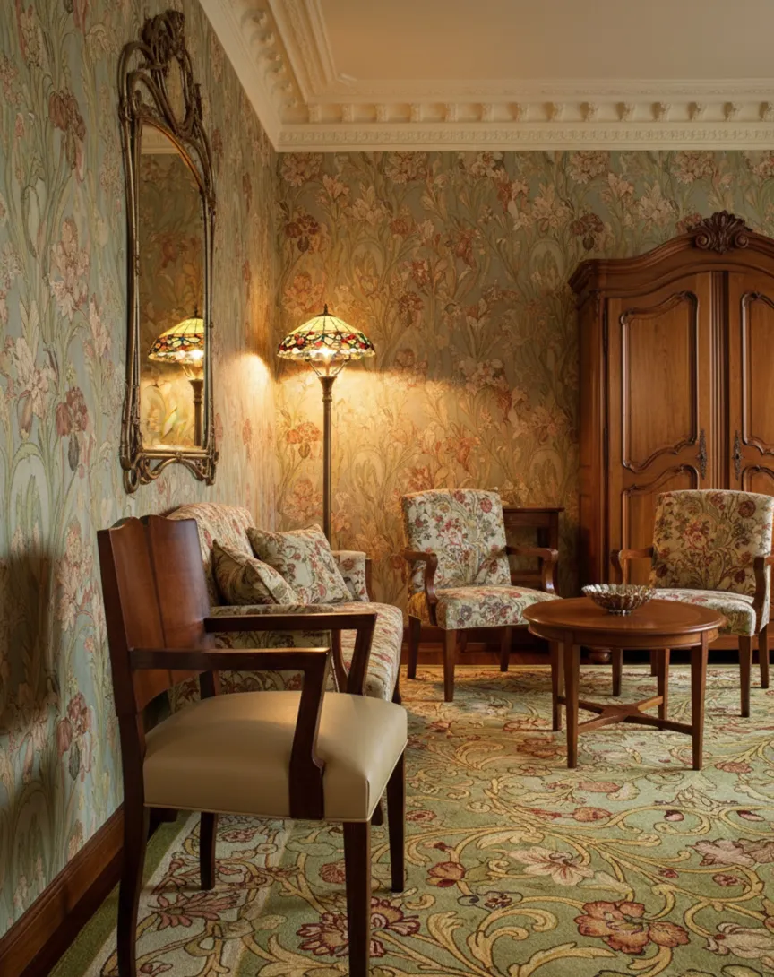 Antique Art Deco armchair with floral patterns in a cozy room