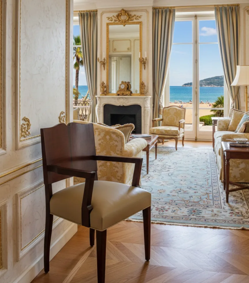 Cadeirão antigo Art Deco com decoração elegante e vista para o mar.