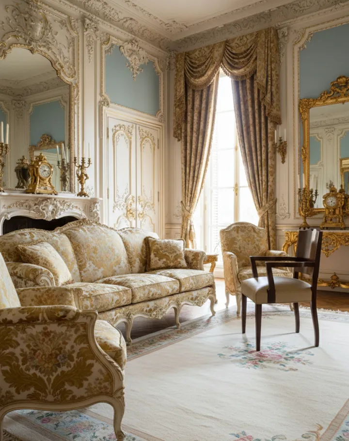 Antiker Sessel im Art Deco-Stil in einem eleganten Raum mit goldenen Details.