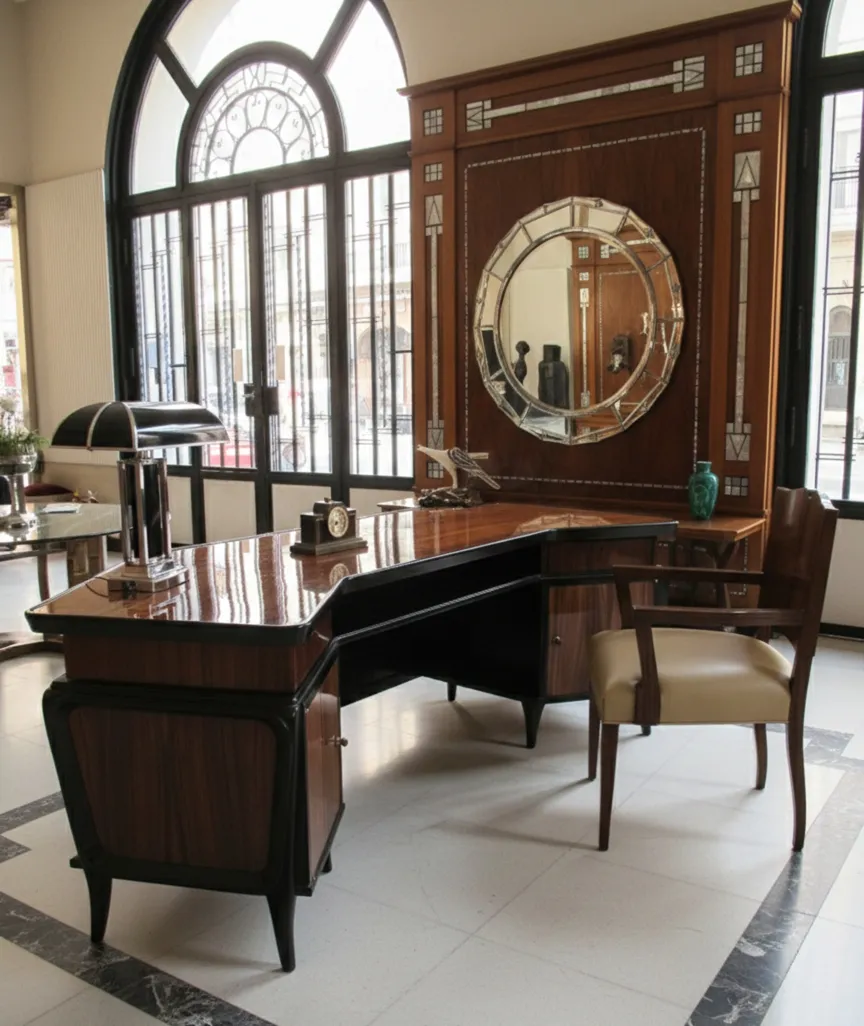 Poltrona antica Art Deco con design distintivo ed elegante, in un ambiente luminoso.