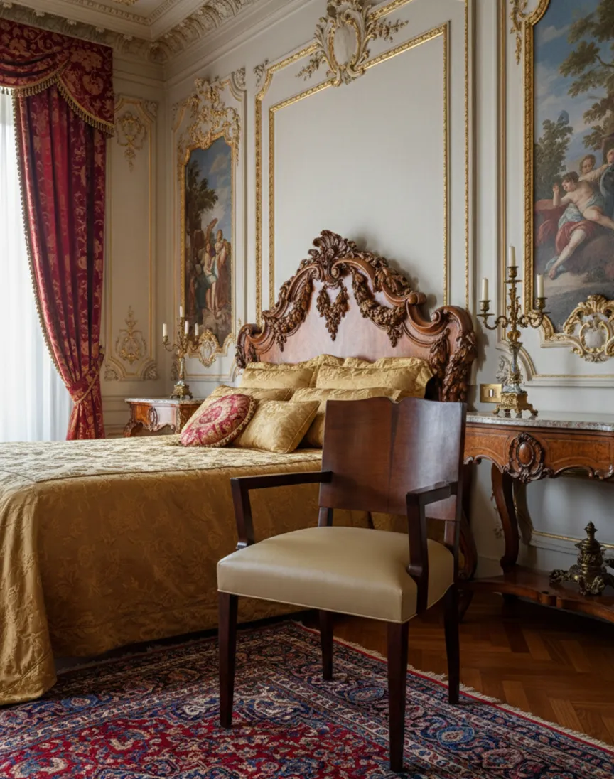Fauteuil ancien Art Deco dans une chambre élégante avec une décoration luxueuse.