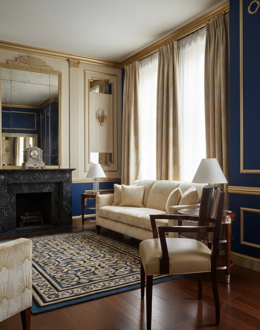 Antique Art Deco armchair in a stylish living room, with curtains and lamps.