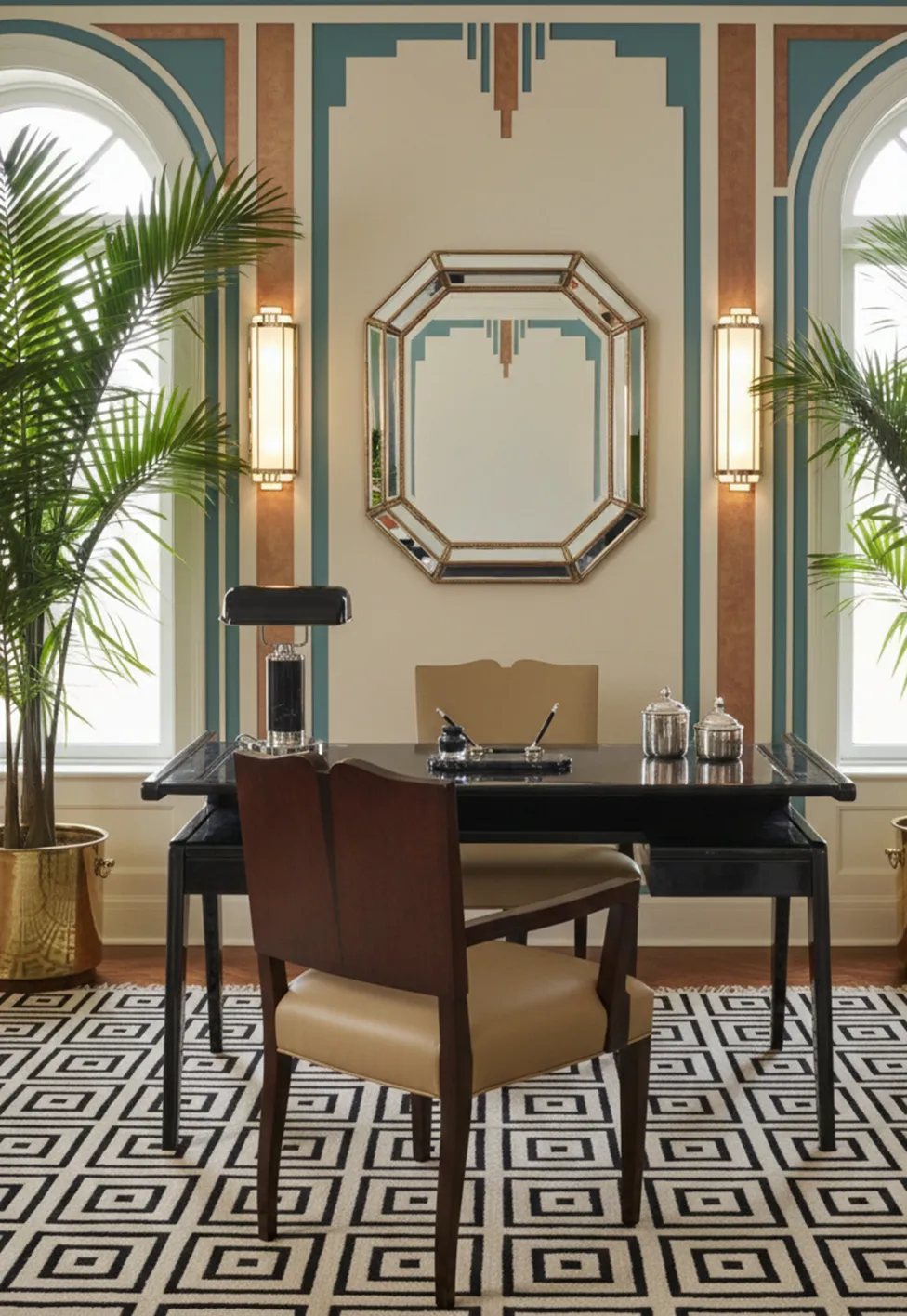 Cadeirão antigo em estilo Art Deco com cores elegantes e design sofisticado.