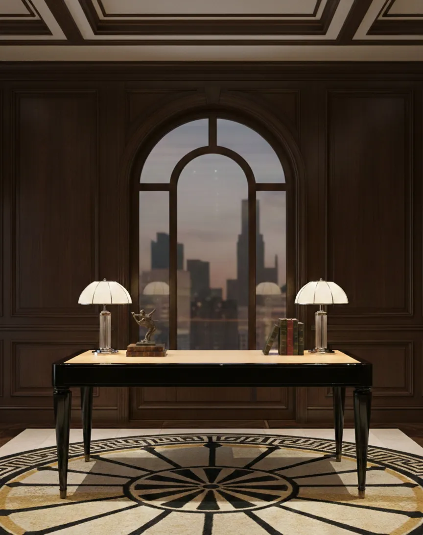 Cadeirão antigo Art Deco em um ambiente elegante com luz suave.