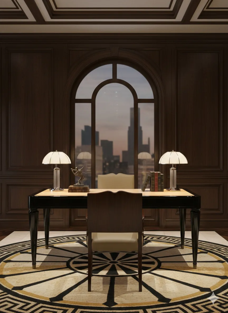 Cadeirão antigo de escritório em um ambiente elegante.