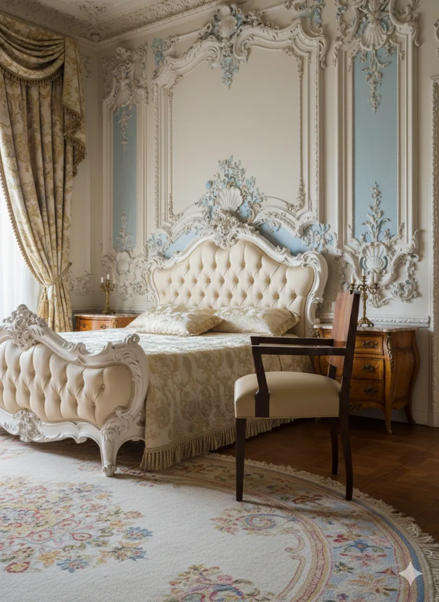 antique classic armchair in elegant room with bed and curtains