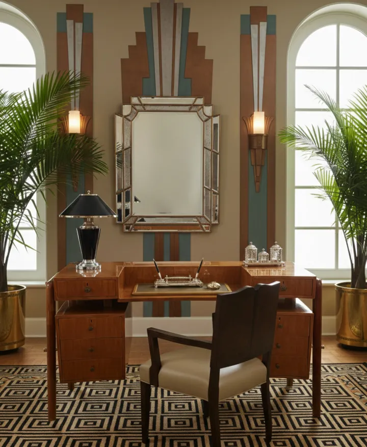 Cadeirão antigo estilo Art Deco ao lado de uma escrivaninha e lâmpada