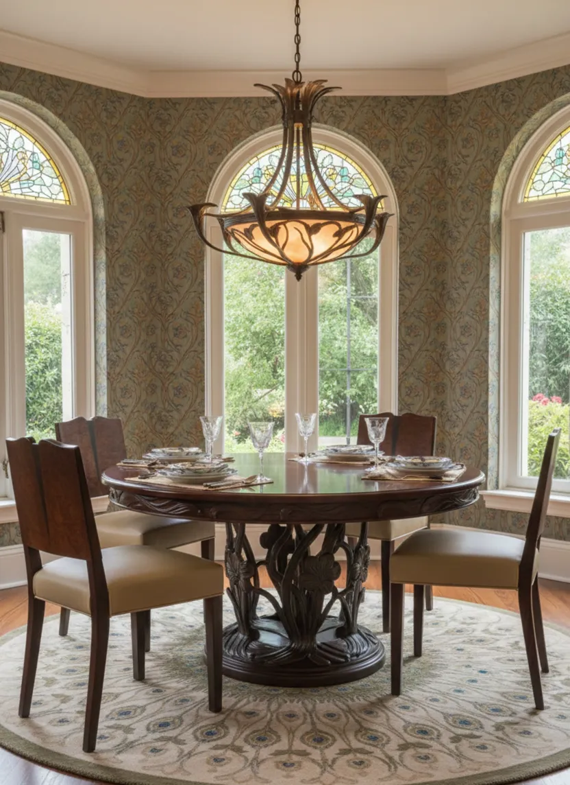 quatro cadeiras antigas com design elegante em uma sala de jantar