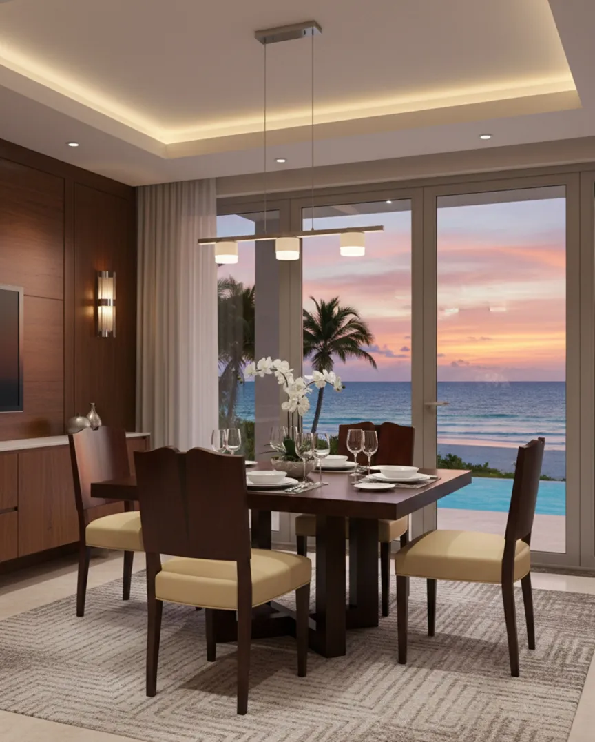 vista interna con quattro sedie antiche nella sala da pranzo in riva al mare