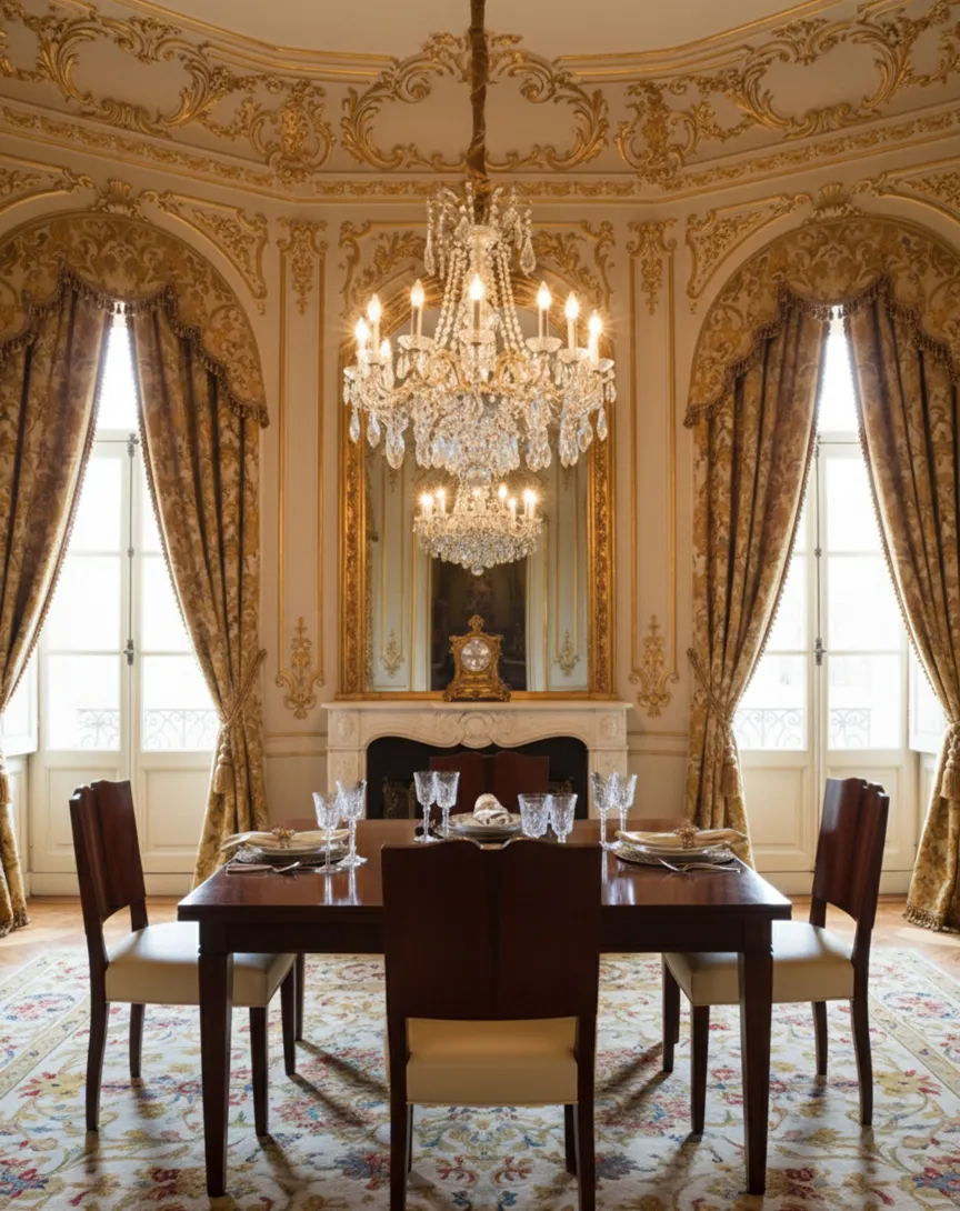 Four antique elegant chairs in a decorative dining room.