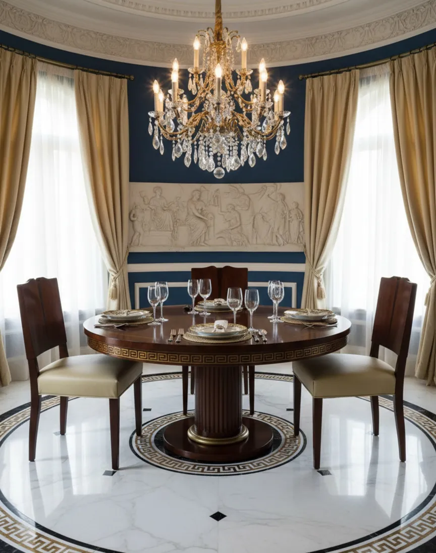 View of a dining room with 4 antique chairs and chandelier