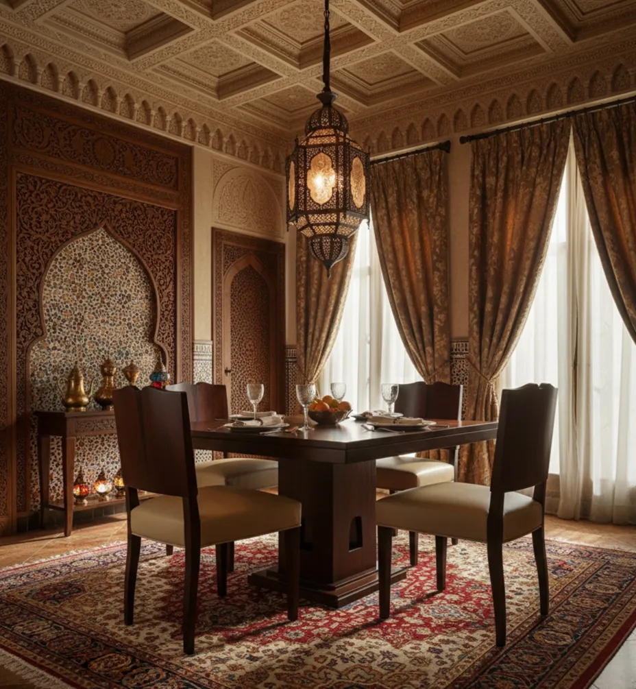 quattro sedie antiche in una sala da pranzo elegante con lampadario