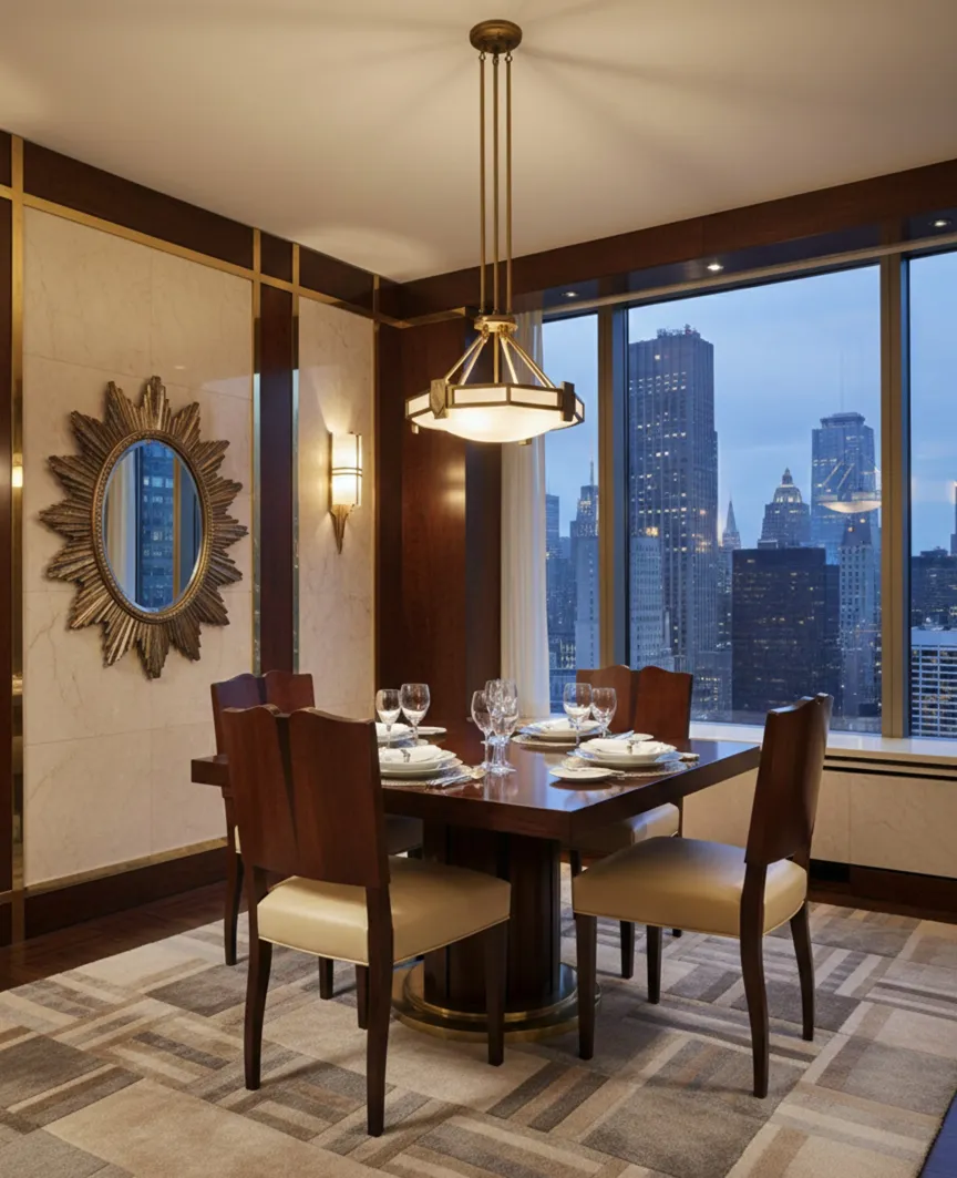 Quatre chaises antiques dans une élégante salle à manger Art Deco avec vue.