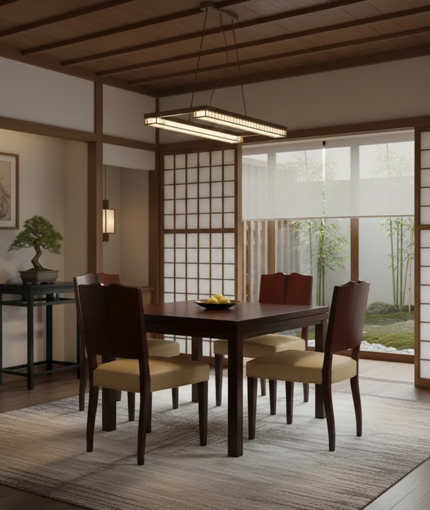 Vier antike Stühle in einem gemütlichen Esszimmer mit minimalistischem Dekor