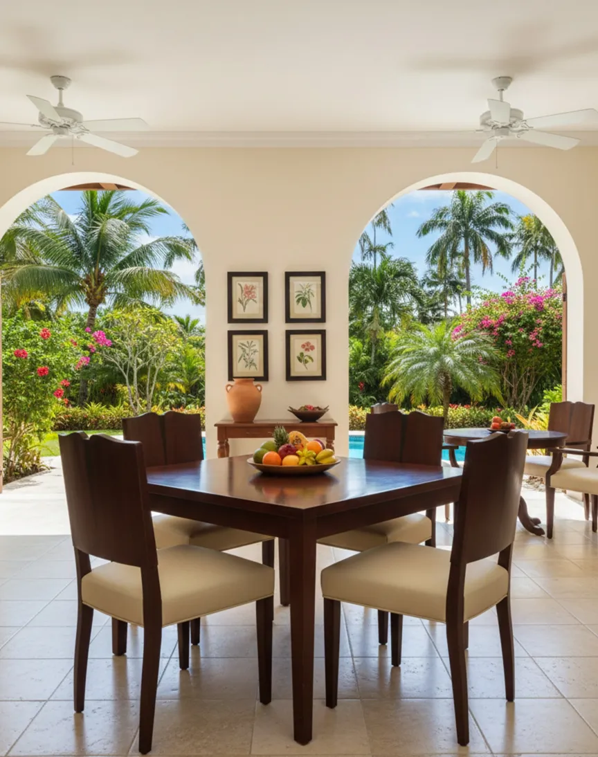 Cuatro sillas antiguas en un comedor con vista al jardín