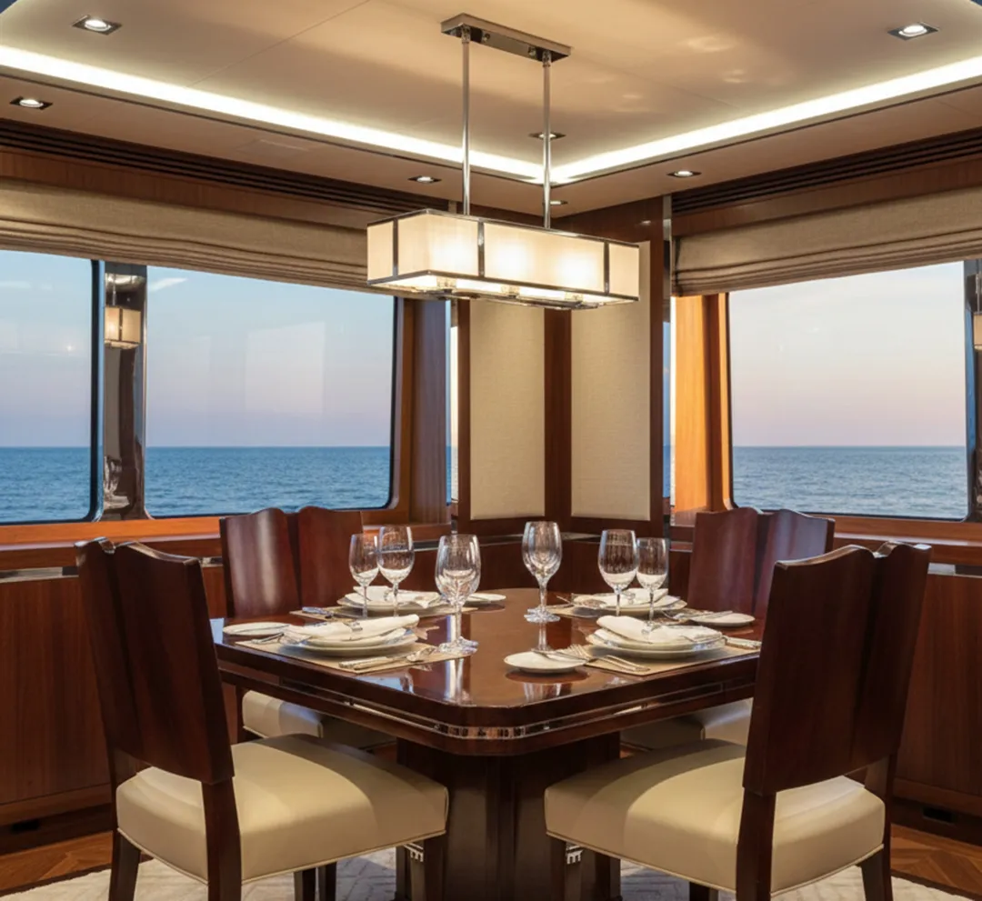 vier antike stühle in einem esszimmer mit meerblick