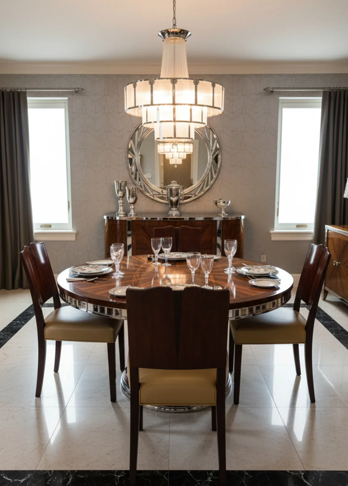 Quatro cadeiras antigas em uma sala de jantar elegante