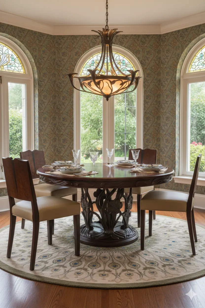 Ensemble de 4 chaises antiques dans une pièce avec une table ronde