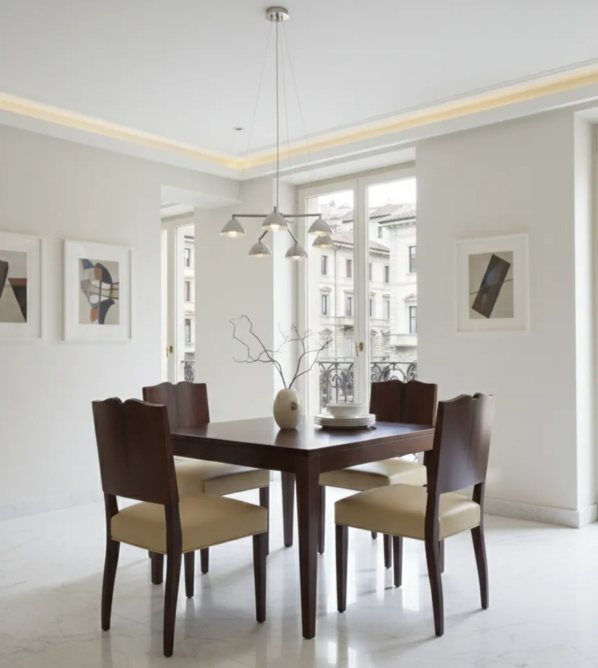 Cuatro sillas antiguas en una sala de comedor luminosa, junto a una mesa y decoraciones minimalistas.