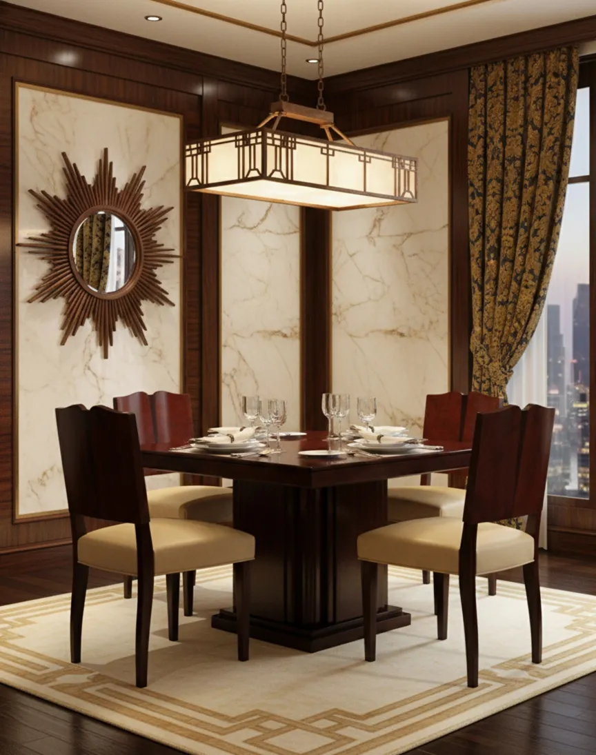 고급스러운 식당에 있는 4개의 앤티크 의자와 세련된 장식