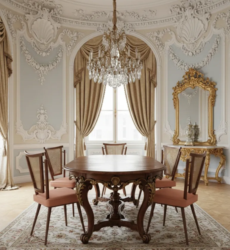 View of 4 antique chairs arranged around a table in a decorated room