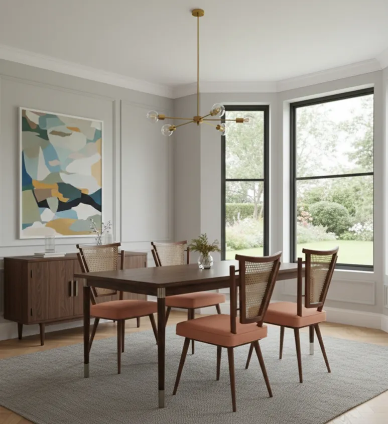 Set aus 4 antiken Stühlen mit orangefarbenen Kissen in modernem Raum.