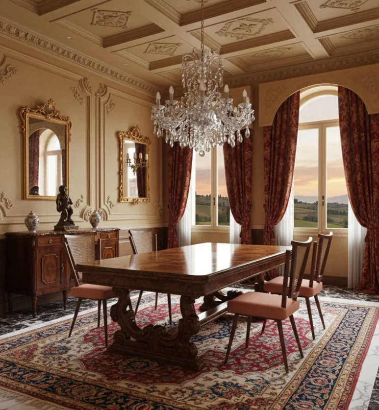 Vier antike Stühle in einem eleganten Esszimmer mit goldenen Details.