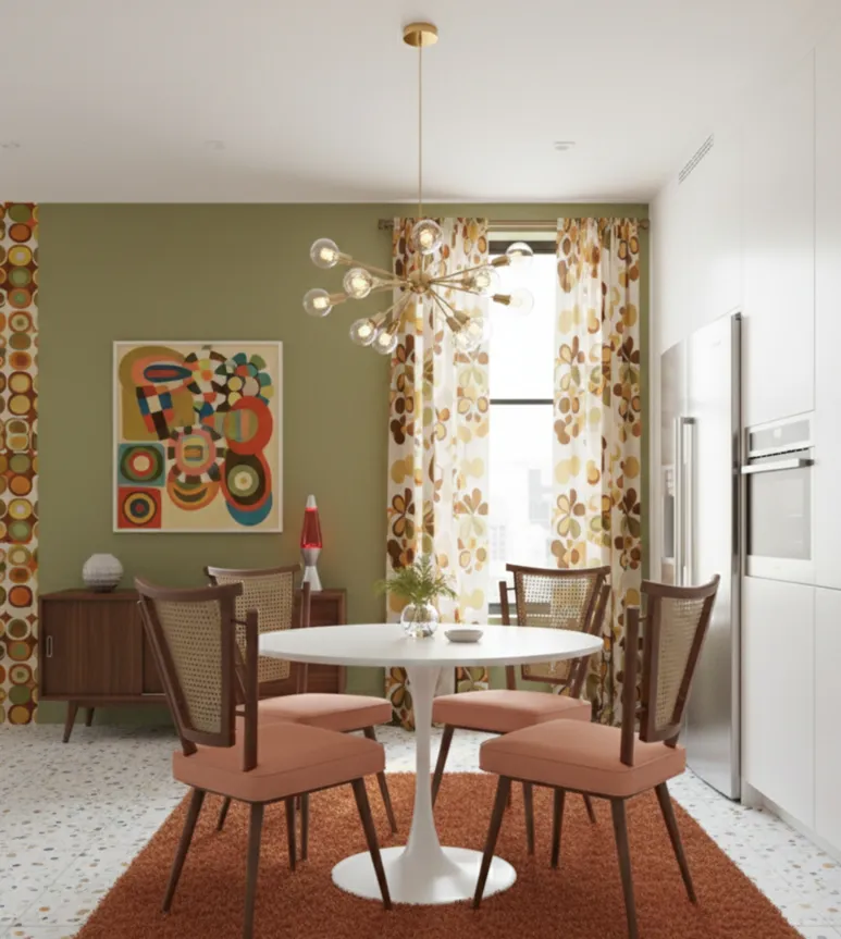 Quatro cadeiras antigas de design art deco na sala, com decoração colorida e uma mesa branca.